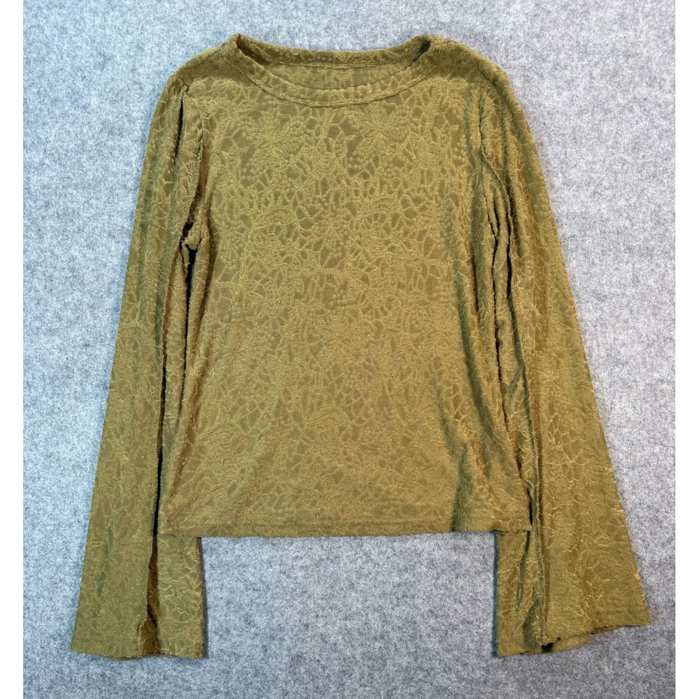 Olive Green Floral Textured Lace Knit Bell Sleeve Top Crew Neck Large - Picture 1 of 6